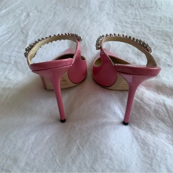 Jimmy Choo Bing 100 Shiny Patent Leather Crystal Stiletto Heels Bubble Pink - Picture 10 of 16